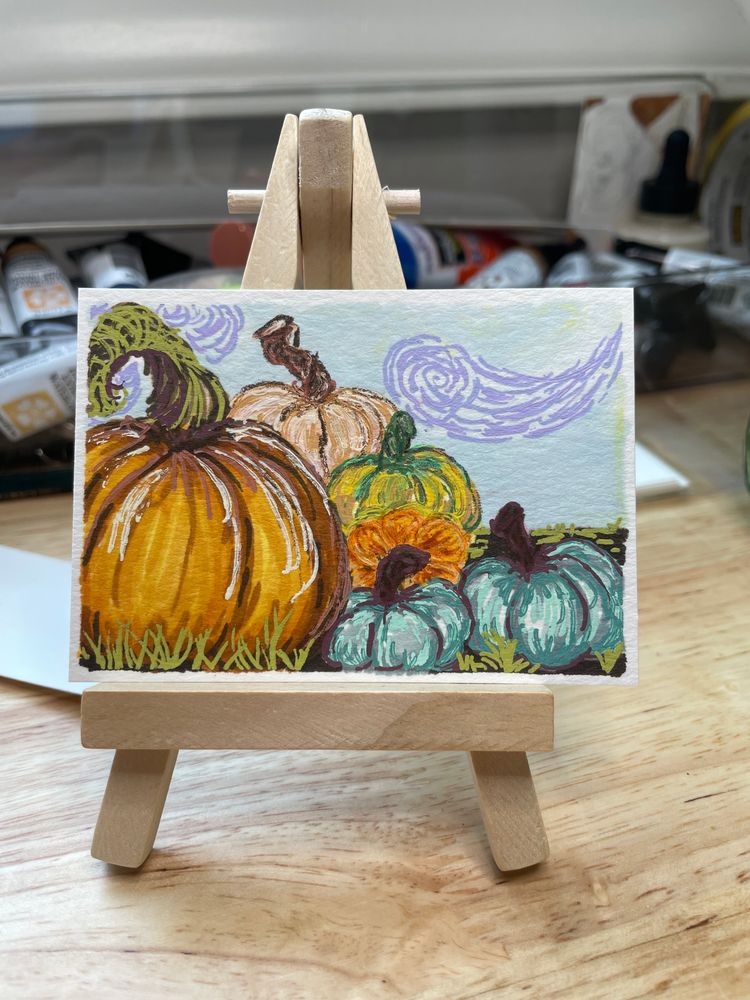 ACEO original painting of Pumpkin patch